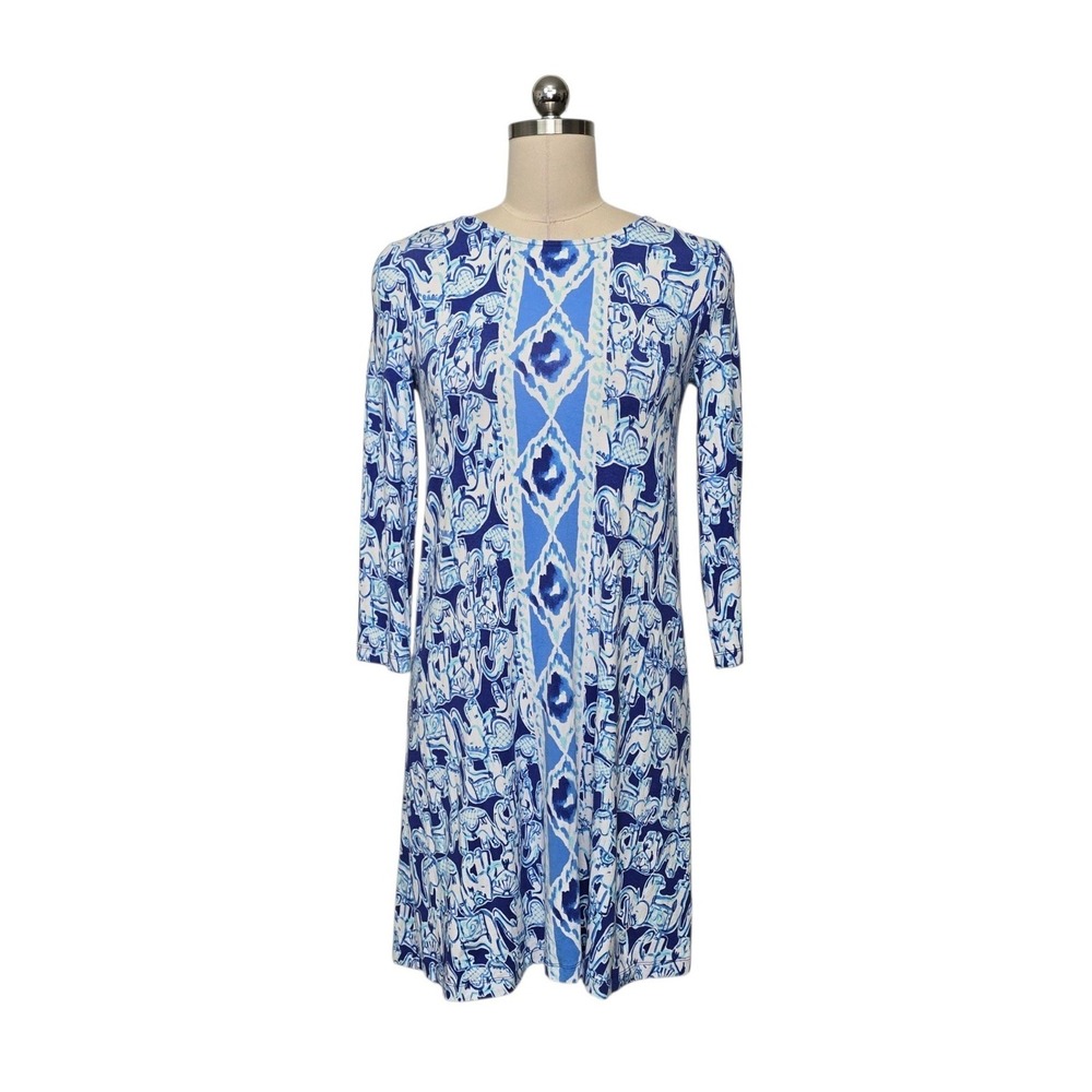 Lilly Pulitzer Elephant Print Strappy Back Shift Dress Blue White Womens Size XS